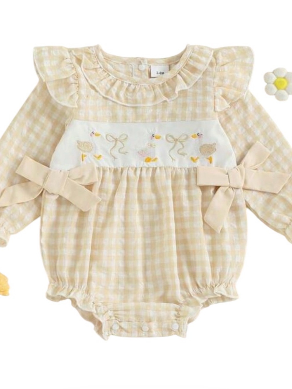 Cream Gingham Ruffle Bubble Romper with Embroidered Panel and Side Bows